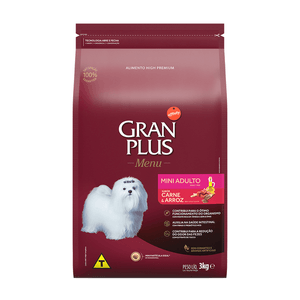 Ração Seca Gran Plus Menu Cães Adultos  Porte Mini Carne E Arroz - 3Kg
