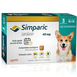 Simparic Antipulgas Carrapatos E Tratamento De Sarna 40 Mg Para Cães De 10,1 A 20 Kg - 3 Comprimidos