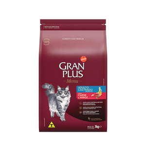 Ração Seca Gran Plus Menu Gatos Adultos  Castrados Carne E Arroz - 3Kg