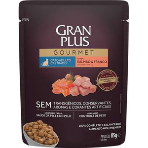 Ração Úmida Gran Plus Sachê Gourmet Gatos Adultos  Castrados Salmão E Frango - 85G