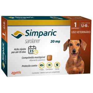 Simparic Antipulgas Carrapatos E Tratamento De Sarna 20 Mg Para Cães De 5,1 A 10 Kg - 1 Comprimido