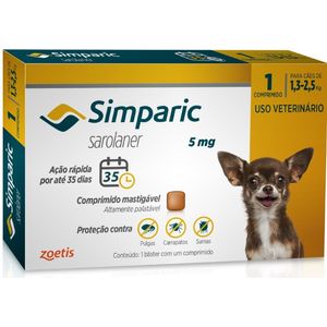 Simparic Antipulgas Carrapatos E Tratamento De Sarna 5 Mg Para Cães De 1,3 A 2,5 Kg - 1 Comprimido