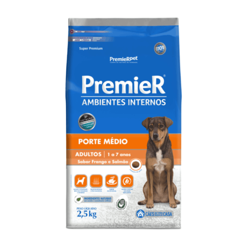 Racao-Premier-Ambientes-Internos-Caes-Adultos-Medio-Frango-e-Salmao-25kg-frente