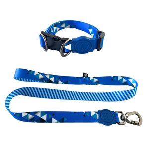 Coleira + Guia Geométrica Azul M Poliéster